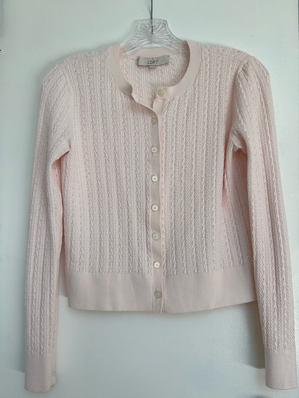 LOFT Light Pink Cable-Knit Button Cardigan